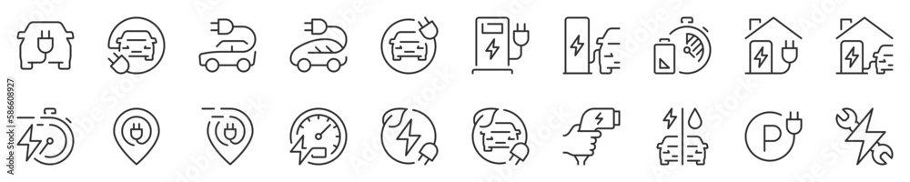 Electric car, thin line icon set. Symbol collection in transparent ...