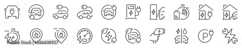 Electric car, thin line icon set. Symbol collection in transparent background. Editable vector stroke. 512x512 Pixel Perfect.
