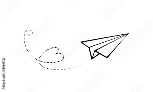 Origami plane with dotted trajectory line in hearts. Simple vector illustration.