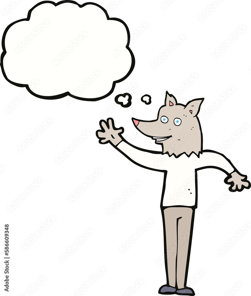 cartoon waving wolf man with thought bubble cartoon waving wolf man with thought bubble