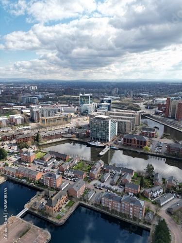 Aerial view of Salford Quays with river views and modern buildings.  © ReayWorld
