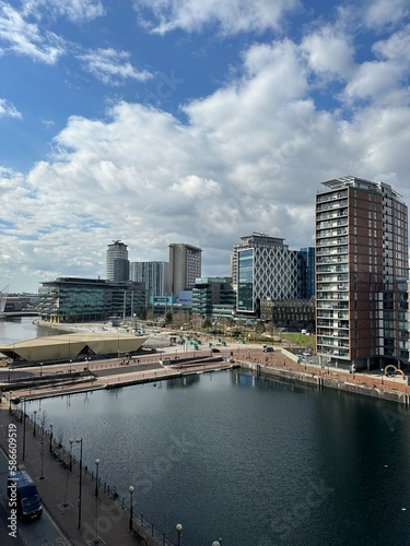 Aerial view of Mediacity UK in Salford Quays England. 