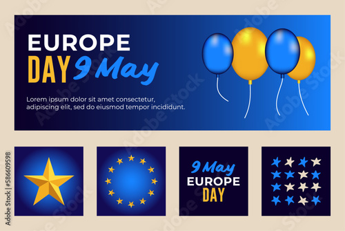 Europe day 9 may, flag, balloon, star, design elements for banner print and web use