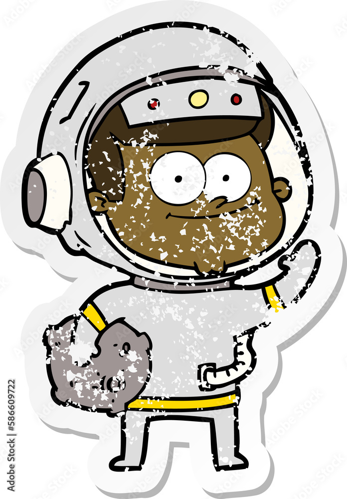 distressed sticker of a happy astronaut cartoon
