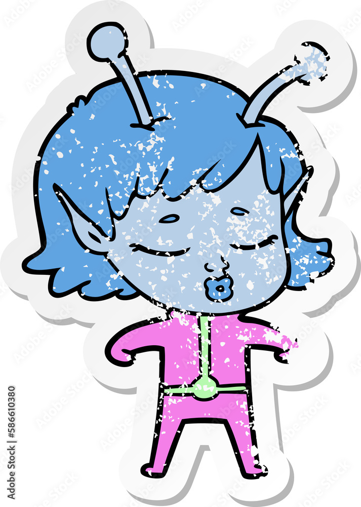 distressed sticker of a cartoon alien girl distressed sticker of a cartoon alien girl
