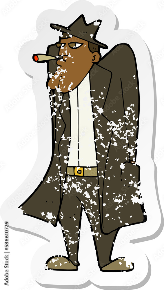 retro distressed sticker of a cartoon man in hat and trench coat retro distressed sticker of a cartoon man in hat and trench coat