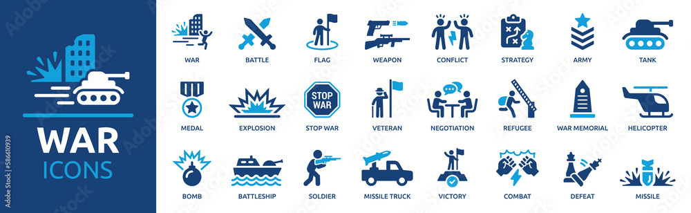 War icon set. Containing battle, weapon, conflict, missile, bomb, combat, army, tank, medal, veteran, victory, defeat, explosion and soldier symbol. Solid icons vector collection.