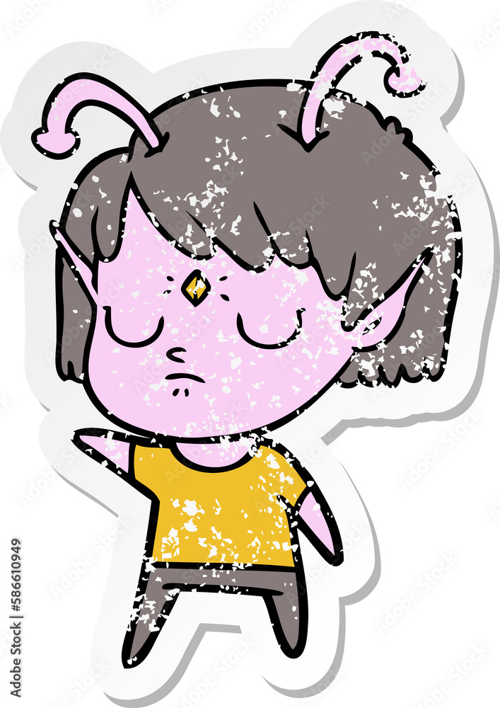 distressed sticker of a cartoon alien girl distressed sticker of a cartoon alien girl