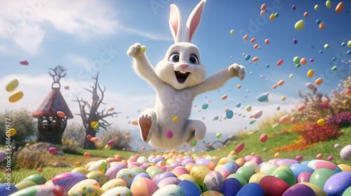 happy Easter bunny jumping with joy with many eggs; generative AI