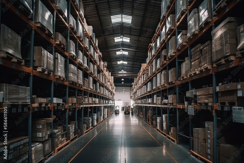 interior of an warehouse full of Spaces and high rising self Where the products are stocked. Generative AI