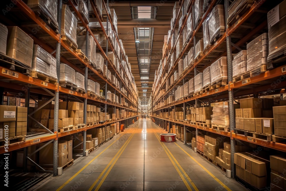 interior of an warehouse full of Spaces and high rising self Where the products are stocked. Generative AI interior of an warehouse full of Spaces and high rising self Where the products are stocked. Generative AI