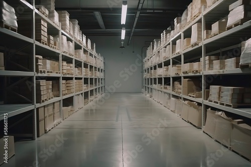 interior of an warehouse full of Spaces and high rising self Where the products are stocked. Generative AI © CREATIVE STOCK