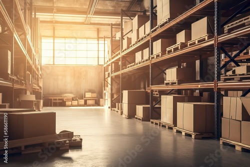 interior of an warehouse full of Spaces and high rising self Where the products are stocked. Generative AI © CREATIVE STOCK