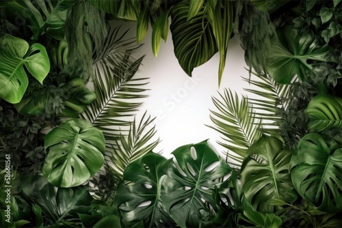 Green leaves nature frame border of tropical plants bush. Generative AI