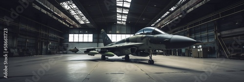 Military Fighter Jet in Hangar with Copy Space 