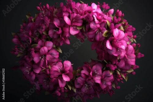 magenta flowers wreath purlpe pink black background floristic decoration generative ai