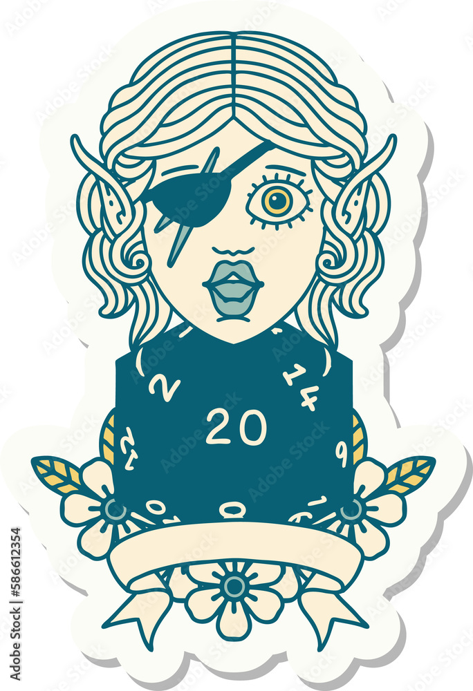 elf rogue character with natural twenty dice roll sticker elf rogue character with natural twenty dice roll sticker