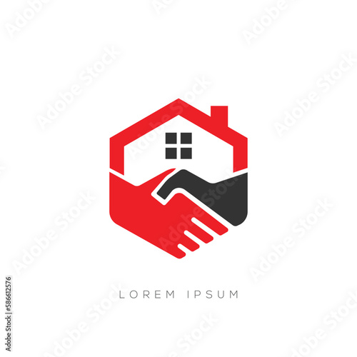 Deal home logo design and buying selling a house with handshake 