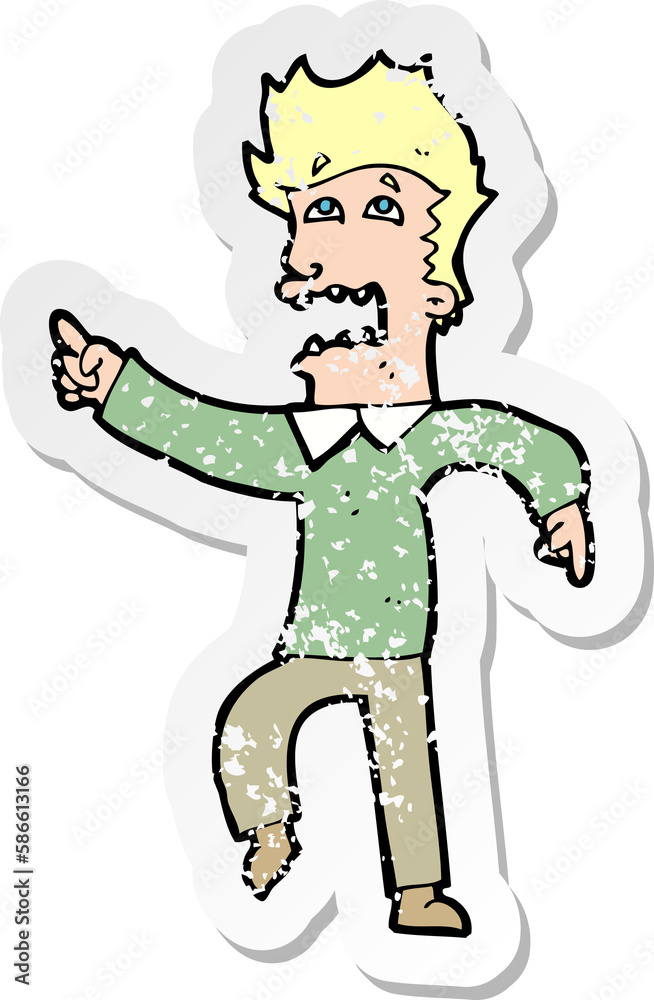 retro distressed sticker of a cartoon frightened man pointing retro distressed sticker of a cartoon frightened man pointing