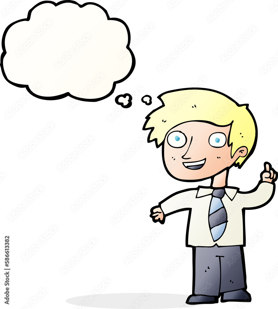 cartoon school boy with idea with thought bubble cartoon school boy with idea with thought bubble