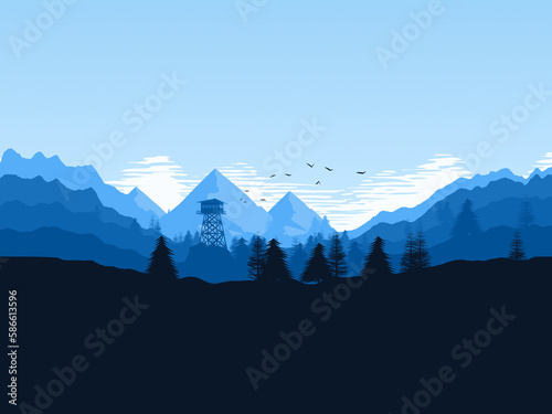 Beautiful Landscape Illustration, with Wooden ViewPoint Building, Fire Lookout Tower.