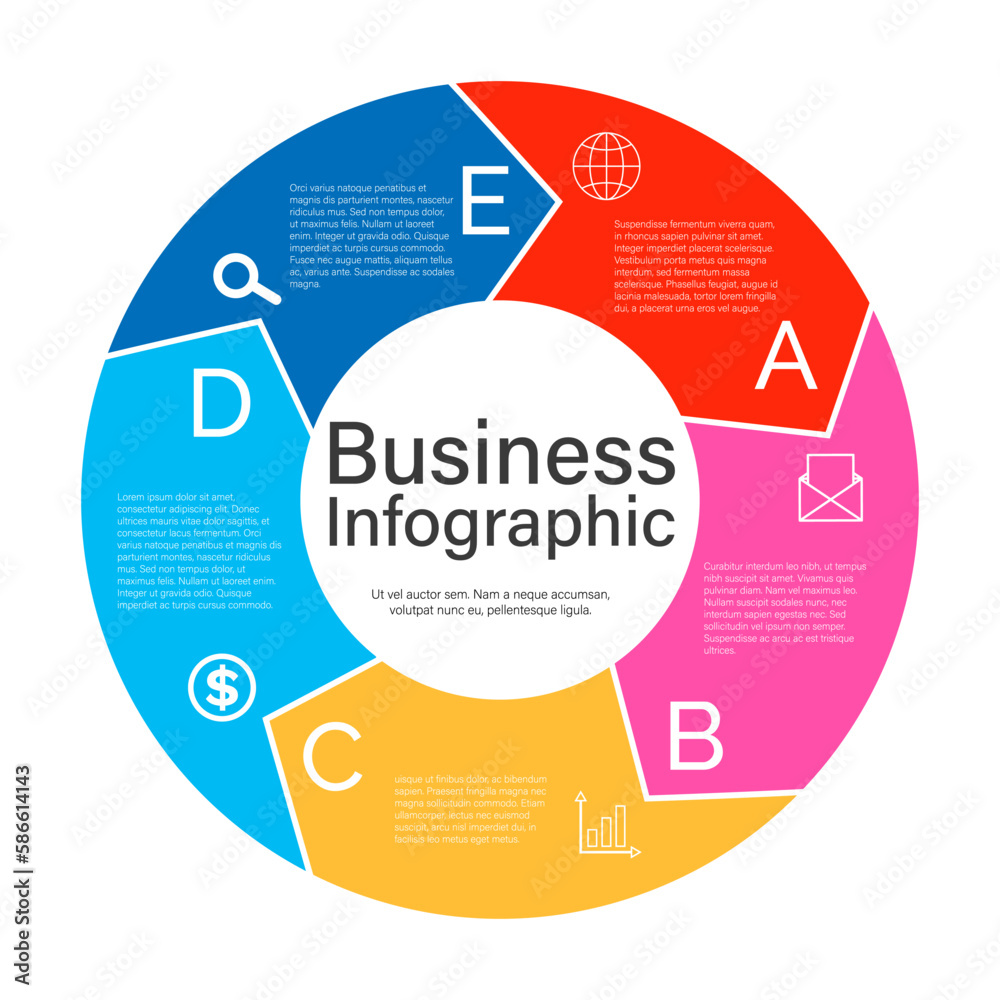 Circle infographics. Template for diagram, graph, presentation and chart. Vector illustration with segments and letters, colored sectors. Business analytics, strategy progress, project development Circle infographics. Template for diagram, graph, presentation and chart. Vector illustration with segments and letters, colored sectors. Business analytics, strategy progress, project development
