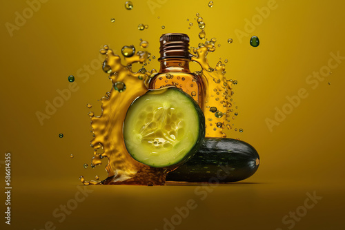 Natural cucumber essential oil in a glass bottle splash on yellow background, Organic fresh extracts medicinal skincare , AI Generative photo