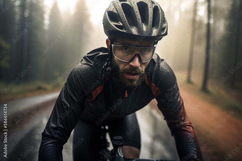 Professional cyclist in the mountain during foggy morning. Generative AI Professional cyclist in the mountain during foggy morning. Generative AI