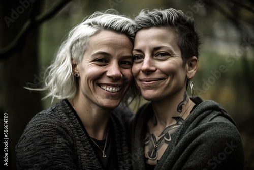 Lesbian couple smiling and looking at camera, Outdoors natural environment as background. Generative AI