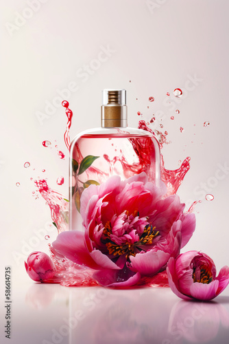 Natural peony essential oil in a glass bottle splash with pink flowers on white background, Organic fresh extracts arom , AI Generative photo