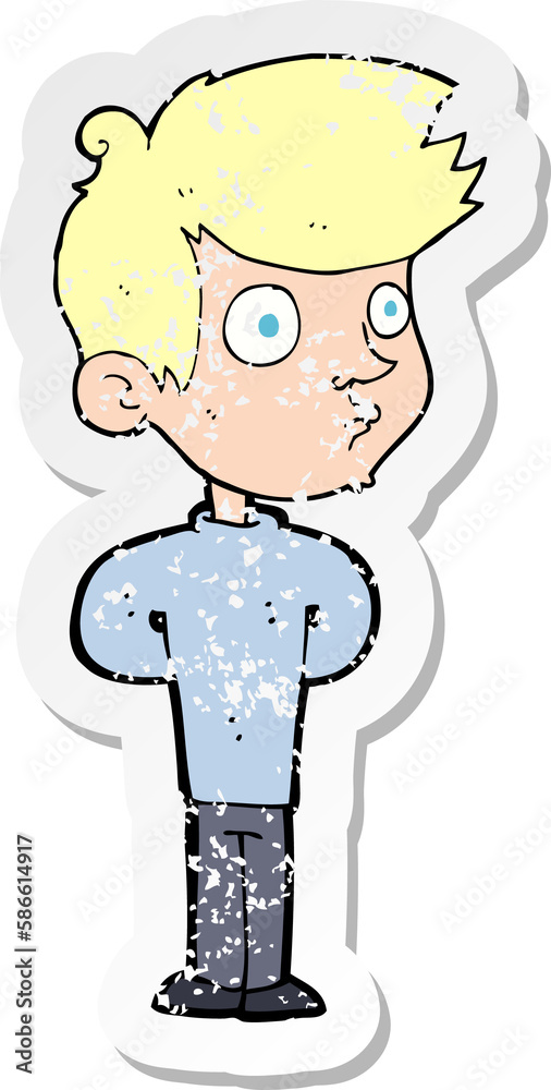 retro distressed sticker of a cartoon boy staring retro distressed sticker of a cartoon boy staring