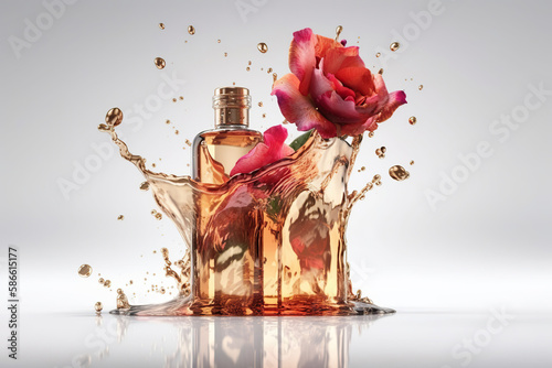 Natural rose essential oil in a glass bottle splash  with pink flowers on white background, Organic fresh extracts aroma , AI Generative photo