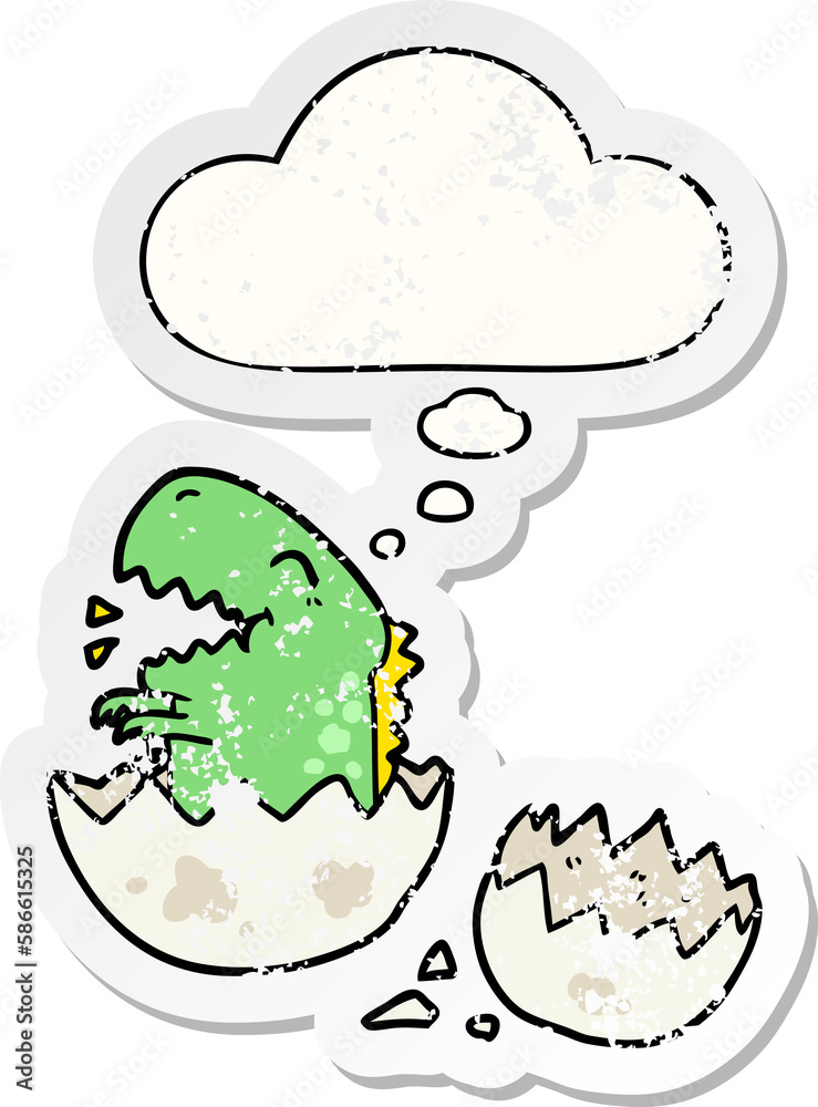 cartoon dinosaur hatching and thought bubble as a distressed worn sticker