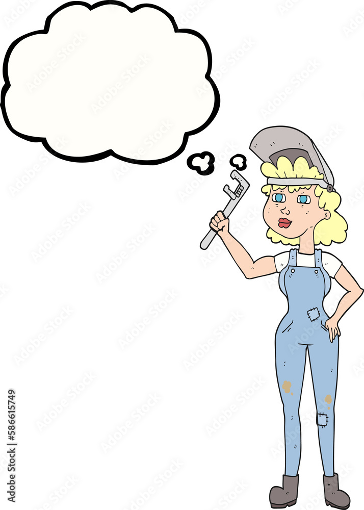 thought bubble cartoon capable woman with wrench thought bubble cartoon capable woman with wrench