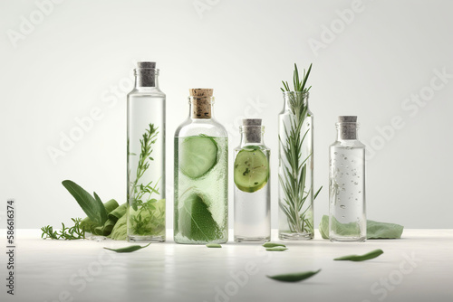 Selection of essential oils splash, with herbs and flowers on white background, Aromatherapy, spa and herbal medicine ingredients , AI Generative photo