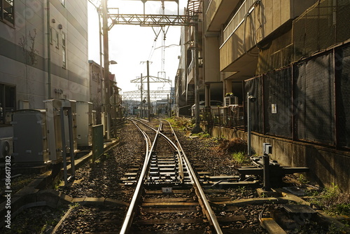 Dusk of Railway Train, Line in Japan - 日本 線路 夕日 photo