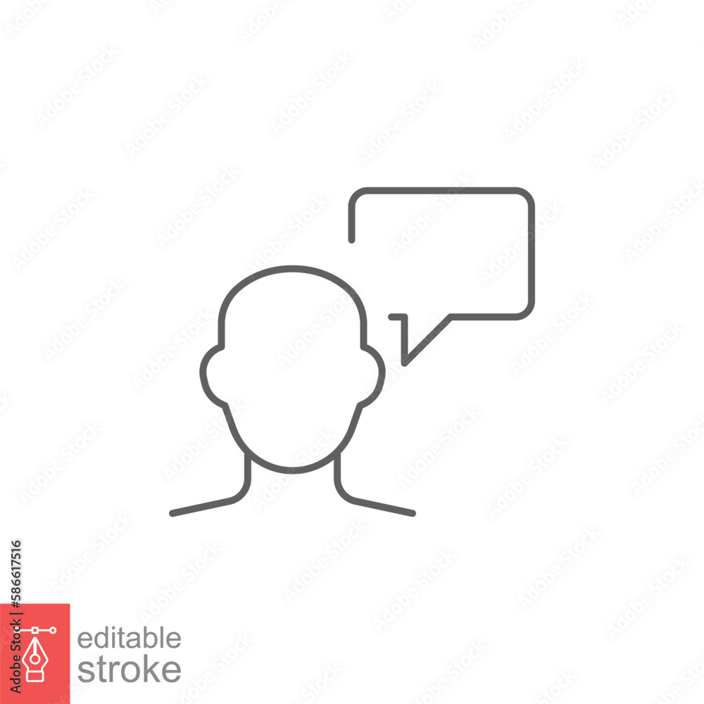 Man with bubble speech line icon. Testimonials and customer relationship management concept. Simple outline style. Vector illustration isolated on white background. Editable stroke EPS 10. Man with bubble speech line icon. Testimonials and customer relationship management concept. Simple outline style. Vector illustration isolated on white background. Editable stroke EPS 10.