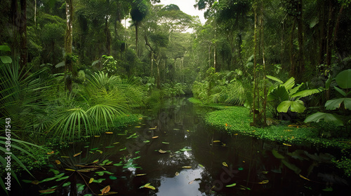 Amazon rainforest  beautiful landscape  green with tall trees with river created with Generative AI