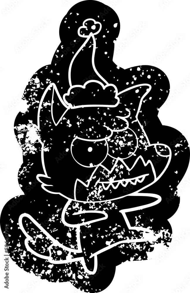 Fototapeta premium cartoon distressed icon of a grinning fox wearing santa hat