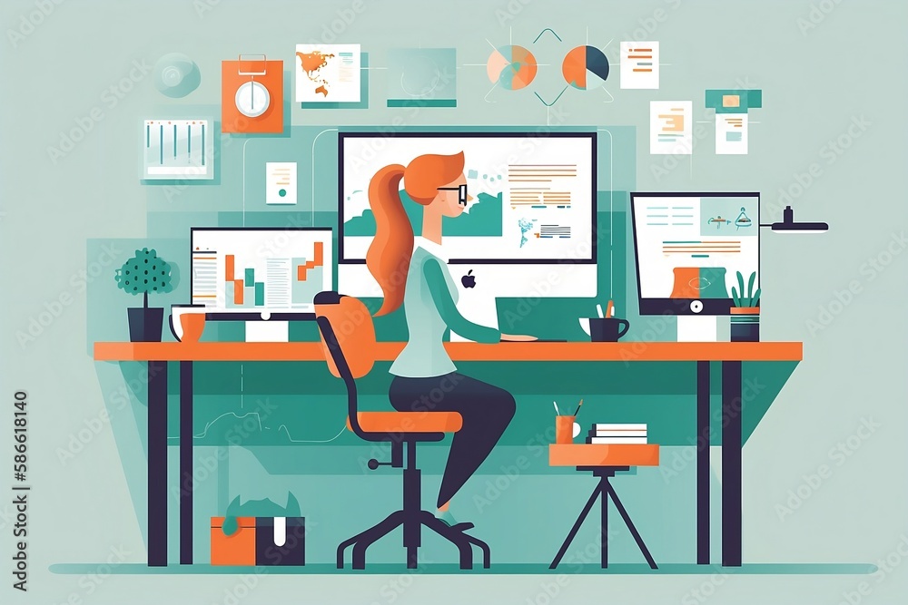 vector image of a woman working as a marketer, vector, flat design style, character, cartoon, office worker, employee, cute concept vector illustration in flat style. generative ai vector image of a woman working as a marketer, vector, flat design style, character, cartoon, office worker, employee, cute concept vector illustration in flat style. generative ai
