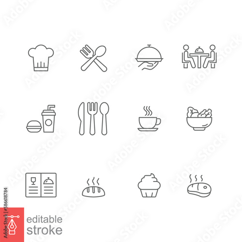 Restaurant food icon set. Simple outline style. Eat, kitchen, table, plate, chef, dinner, dish, food and beverage concept. Vector illustration isolated on white background. Editable stroke EPS 10.