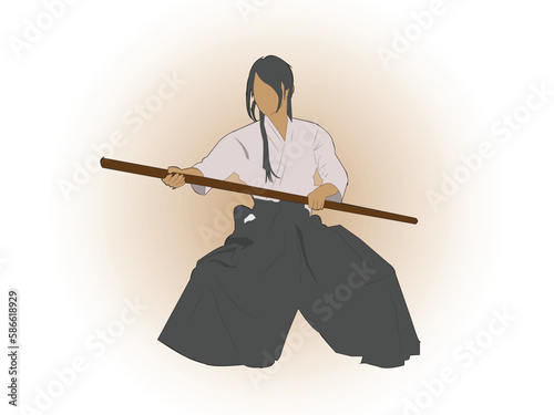 an aikido with stick (jo) moves. Japanese traditional martial arts