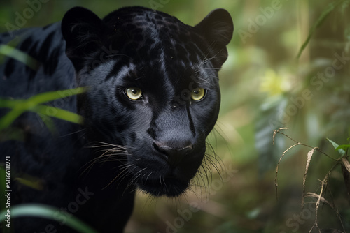 Portrait of a black jaguar in the rain forest