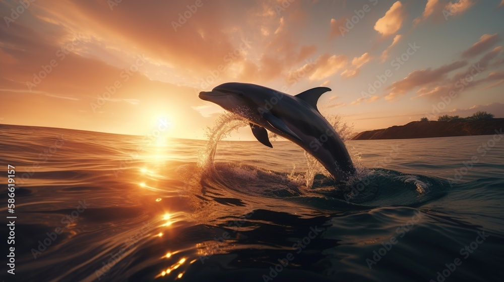 Obraz premium Dolphin jumping at sunset - Generative AI