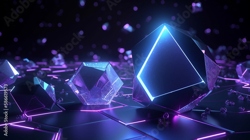 Modern Tech Background , 3d rendering of purple angular objects with blue and white lights