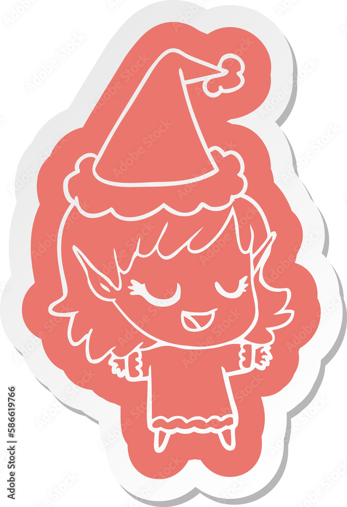 happy cartoon sticker of a elf girl wearing santa hat happy cartoon sticker of a elf girl wearing santa hat