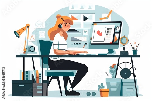vector image of a woman working as a graphic designer, vector, flat design style, character, cartoon, office worker, employee, cute concept vector illustration in flat style. generative ai