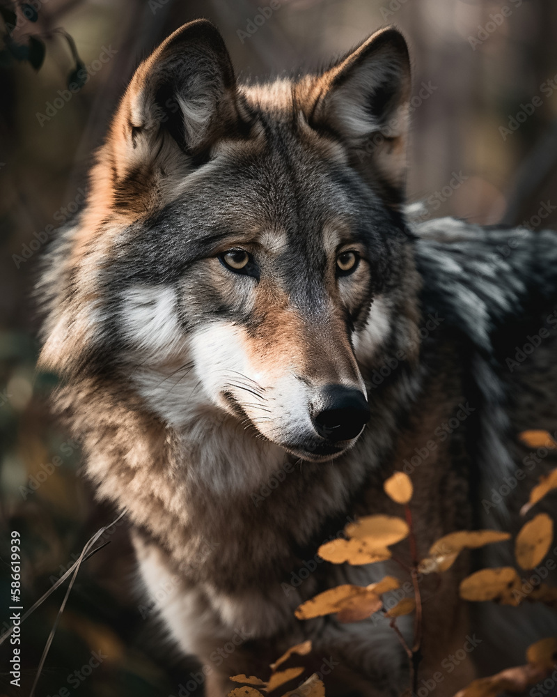 Сlose-up portrait of a eurasian grey wolf