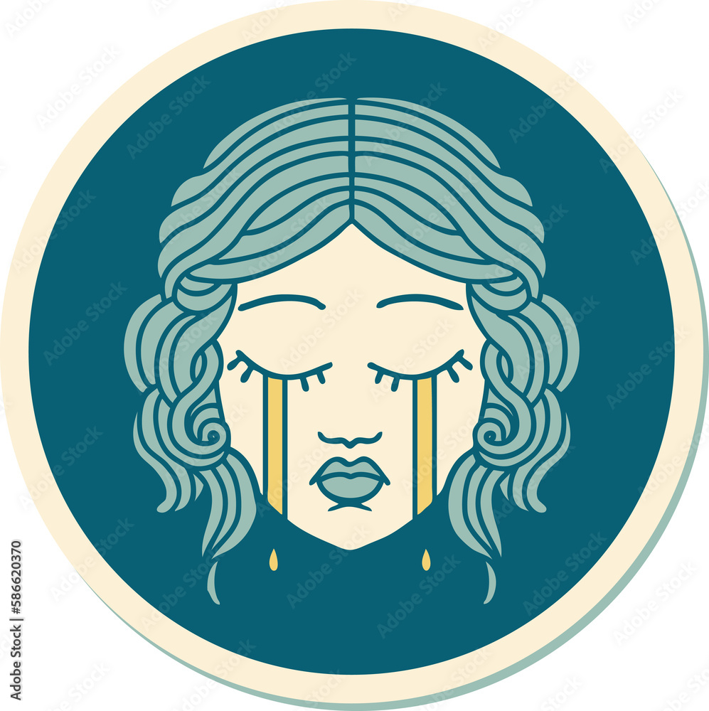 tattoo style sticker of female face crying