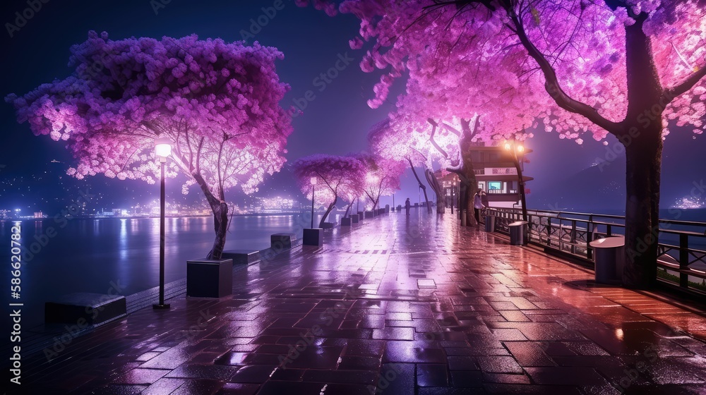 beautiful dreamy purple trees night scene, generative AI